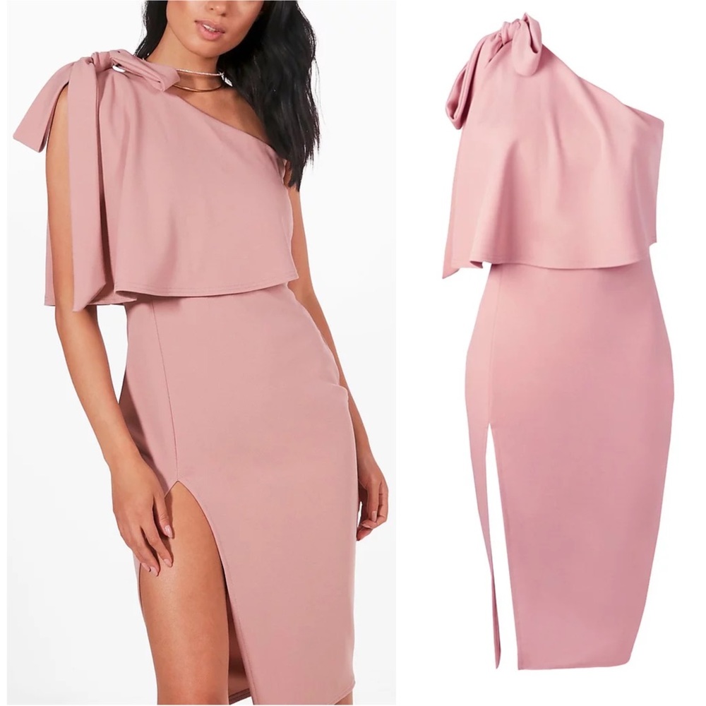 Boohoo Bow Shoulder Detail Midi Dress